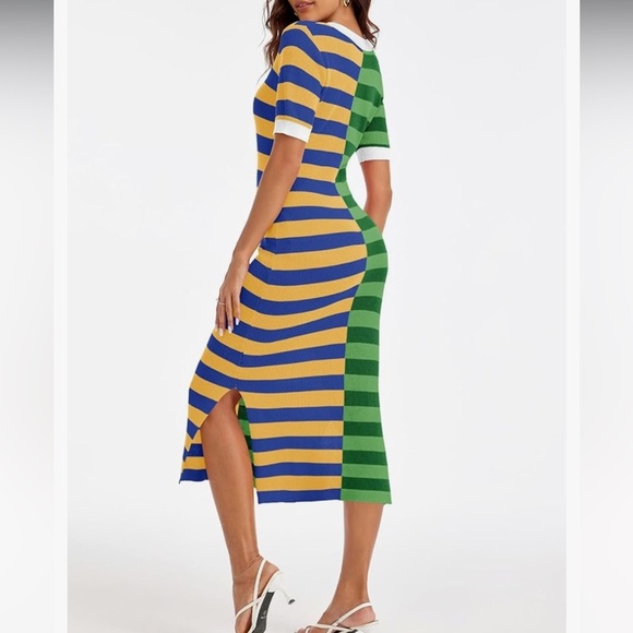 Wenrine Striped Dress Summer Knitted Scoop Neck M Color Block Casual Maxi Dress - Picture 6 of 10